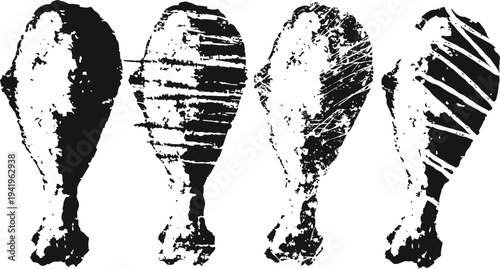 Four grilled chicken drumsticks with different seasoning and grill marks, isolated black and white illustration