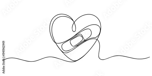 heart with bandage continuous one line drawing, Continuous Line Drawing of Heart Patch Repair Minimalist Love Concept Vector Illustration, Band-Aids Line Art Illustration Symbolizing Healing Love pro.