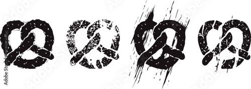 Grunge pretzel icons set in black with distressed texture and varying rough patterns