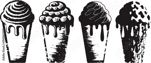 four hand drawn ice cream cones with various toppings and dripping melted cream in black and white sketch
