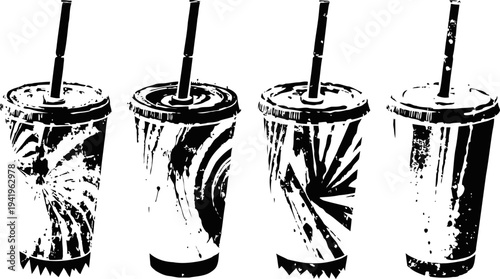 Various disposable soda cups with lids and straws in black and white sketch