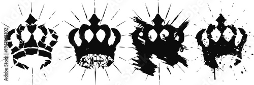 Grunge black crowns set with splatter and distressed texture designs on white background