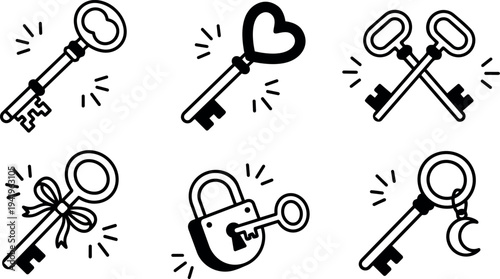 Minimalist black and white vector icons set of vintage keys with heart bow bow tied key and padlock with moon charm
