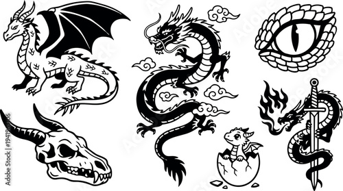 Black and white vector art set of eastern and western dragons dragon skull eye hatching baby and dragon with sword and fire elements
