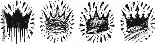Set of four black crown grunge splatter illustrations with various sketchy and drip effects
