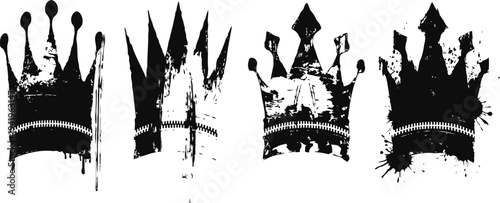 Grunge black crowns set with distressed texture and ink splatter