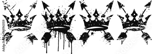 Grunge black crowns with paint splatters and dripping ink design isolated on white background