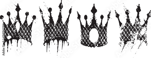 Grunge black crowns set with paint splatter and drip effects on white background