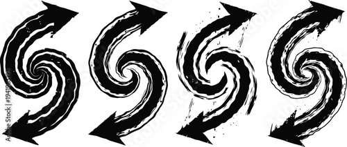 Four black swirling arrows forming circular spiral patterns in a dynamic abstract