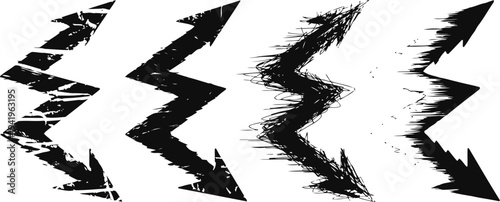 set of four black grunge arrows pointing left with splattered and rough edges, distressed design elements