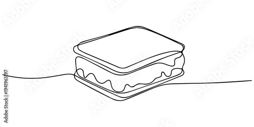 ice cream sandwich continuous one line drawing, Ice cream desserts doodle line art vector illustration of a stacked ice cream sandwich, solid black, vintage engraving, and stippling in a black and pro