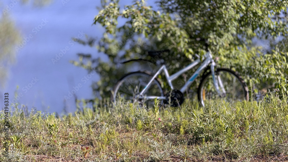 Naklejka premium Commuter Bicycle Paused Beside Lake, Bike Leaning On Grassy Bank With Soft Bokeh Water And Reed Background, Sunlit Handlebar And Tire