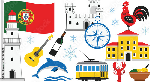 Portugal cultural symbols and landmarks collection with Portuguese flag, rooster, tram, lighthouse, castle, guitar, wine, seafood and traditional architecture illustration