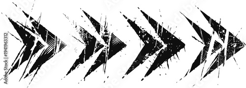 Grunge black arrows set pointing right distressed texture, direction symbols, dynamic design elements