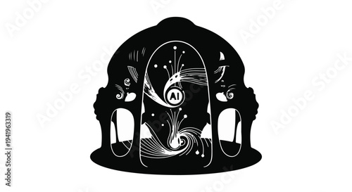 black and white illustration of a fantasy arch with swirling design