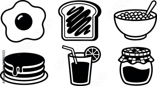 Black and white minimalist vector icons set of breakfast food including fried egg toast bowl cereal pancakes juice jar jam