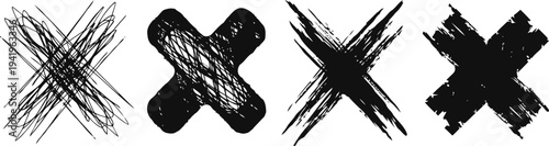 Black grunge crosses set four artistic hand drawn textured x marks in different styles rough brush stroke design