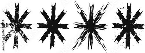 abstract black starburst shapes with distressed and grunge textures set on white background