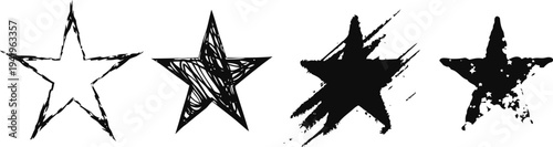 set of four black grunge stars in different distressed styles and textures on white background