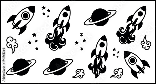Black and white minimalist rocket ships with saturn planets stars and clouds vector art space exploration icons