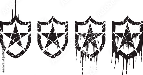 grunge shield emblems with star symbols in distressed and dripping black design variations