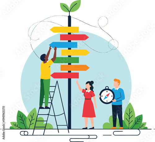Business growth and development concept with team building success path, people organizing directional signs and nurturing plant representing progress and strategy