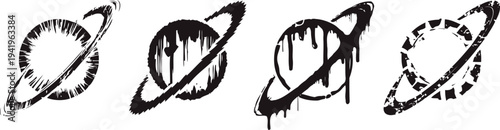 Saturn planet artistic black silhouettes set space icons with rings, creative galaxy symbols collection