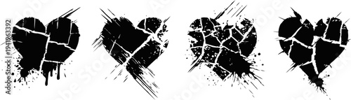 set of black cracked and distressed textured hearts with scratches and splatter effects