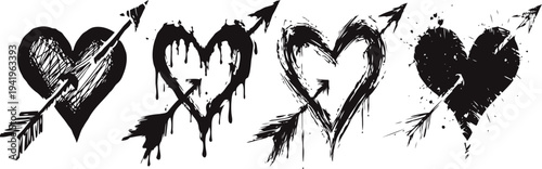 Grunge heart shapes with arrows, rough sketch love, romance, passion, valentine's day artistic design