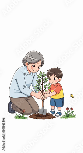 Woman and boy planting tree in natural outdoor environment. Grandmother and grandchild collaborate on planting tree, nurturing young sapling with shovel in fertile soil.