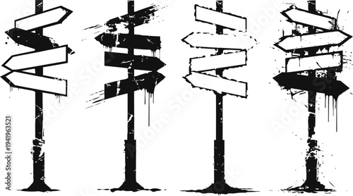 grunge directional signposts with multiple arrows pointing different ways in black and white design