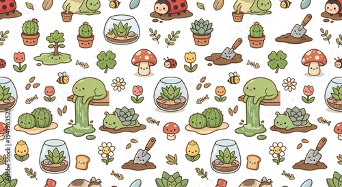 Minimalist botanical seamless pattern with cute cactus succulent mushroom and ladybug characters in tiny garden vector illustration