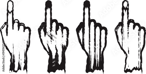 grunge hand silhouettes showing middle finger gesture isolated on white background