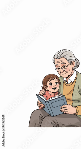 Child reading book with elderly woman, sharing quiet moment, learning. Grandmother with glasses holds happy child reading book, enjoying story time together.