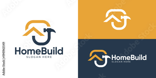 Creative simple home build logo template. Home with hammer symbol for home improvement logo design vector illustration.