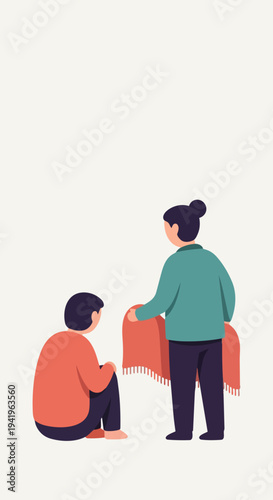 Illustration showing helping hand offering warm blanket to person sitting, demonstrating compassion. Standing figure extends comforting item, symbolizing helping hand,