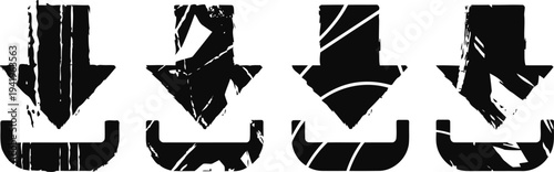 set of four black download icons with distressed texture on white background