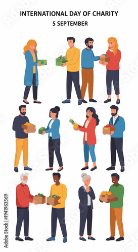 Diverse group of individuals celebrating International Day of Charity, exchanging donations, sharing essential goods, money, and food. People symbolizing generosity and giving spirit,