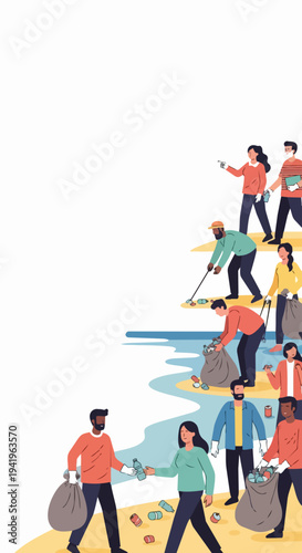 People engaging in beach cleanup, collecting plastic waste and trash from shore. Volunteers participating in community effort for environmental conservation, promoting clean beaches.