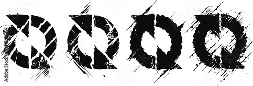 Grunge recycle symbols in black with rough texture and circular arrow design for sustainability concepts