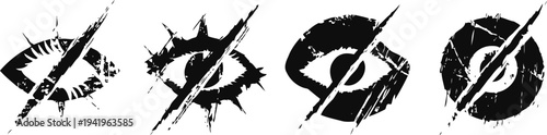 Set of four black grunge eye symbols with slash marks representing vision restriction and invisibility
