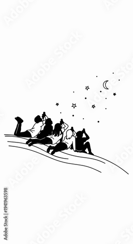 Stargazing group design shows friends observing night sky with moon and stars. Peaceful stargazing group contemplates universe, enjoying calm outdoor evening. Dreamy concept for connection, wonder,