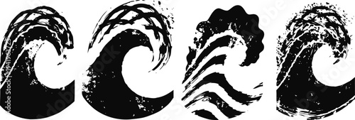 Black ink wave illustrations set abstract ocean splash and curling water shapes hand drawn grunge sea elements nautical design accents
