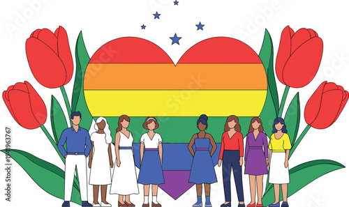 Diverse group of people standing in front of rainbow heart with tulips, LGBTQ pride and inclusion concept celebrating love, equality and community support