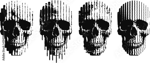 Four glitch effect skulls in black and white with vertical pixel distortion on transparent background