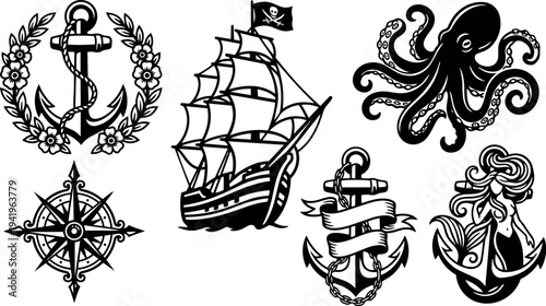 Black and white vector art of nautical elements including sailing ship octopus compass anchors and mermaid tattoo style illustrations