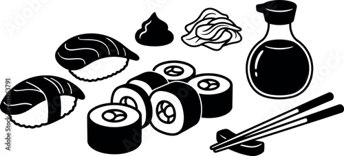 Minimalist black and white flat design sushi set with nigiri rolls soy sauce ginger wasabi and chopsticks