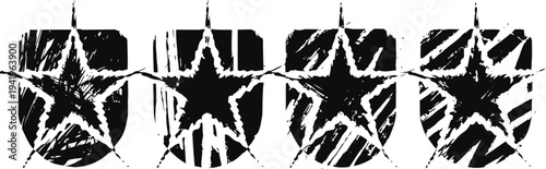 Grunge military dog tags with star emblems and scratches, worn vintage metal identification tags