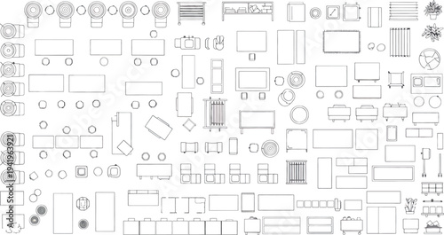 Isolated technical drawing on transparent background with various architectural and engineering symbols