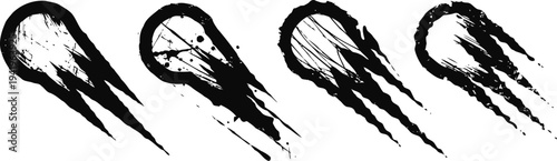 four stylized black comet silhouettes with trailing tails, grunge ink brush stroke design